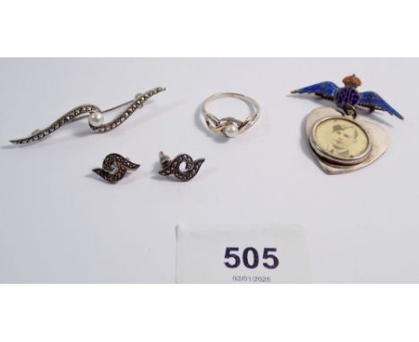 A silver and enamel RAF sweetheart brooch with heart from photo frame pendant plus a silver and gold pearl and chip diamond r