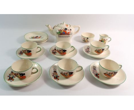 A Corona child's tea service painted Golly and other toys by Frances K Upton comprising teapot, milk, sugar, six cups and sau
