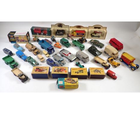 A box of various die cast vehicles including Dinky, Corgi, Britains, Days Gone By etc. some boxed, most play worn