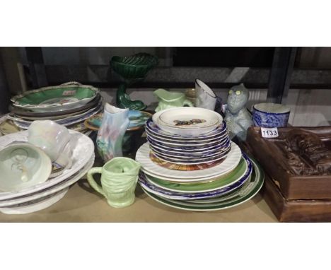 Shelf of mixed ceramics to include Toby jug, decorative plates etc. Not available for in-house P&amp;P, contact Paul O'Hea at