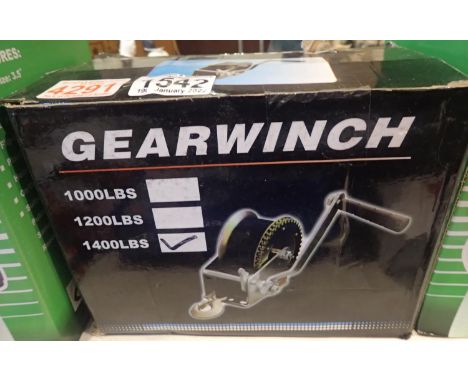 Boxed 1400lbs manual hand geared winch. Not available for in-house P&amp;P, contact Paul O'Hea at Mailboxes on 01925 659133 