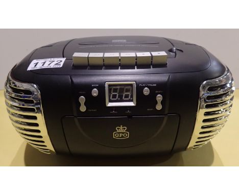 Black, GPO PCD299 3-in-1 FM/AM Radio, CD and Cassette player boxed. P&amp;P Group 1 (£14+VAT for the first lot and £1+VAT for