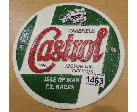 Cast iron Castrol motor oil wall plaque, D: 23 cm. P&amp;P Group 2 (£18+VAT for the first lot and £3+VAT for subsequent lots)