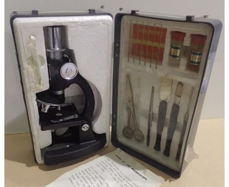 Vintage Japanese student microscope with specimen tools, slides etc. Not available for in-house P&amp;P, contact Paul O'Hea a