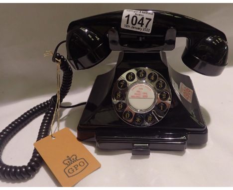 Black, GPO Carrington, push button telephone in 1920s styling with pull-out pad tray; compatible with modern telephone bankin