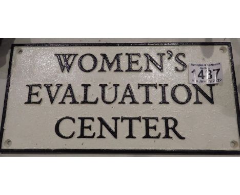 Cast iron Womens Evaluation Centre wall sign, L: 27 cm. P&amp;P Group 2 (£18+VAT for the first lot and £3+VAT for subsequent 