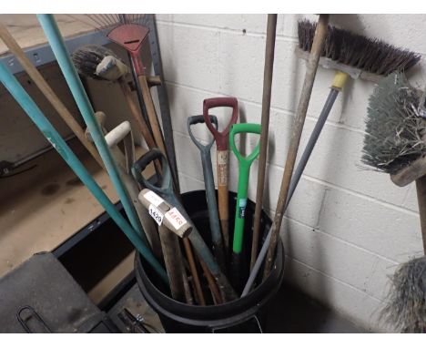 Selection of mixed garden tools to includes spades, forks, brushes etc (bin not included). Not available for in-house P&amp;P