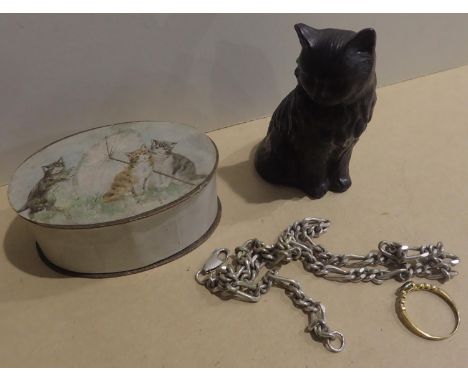 Silver coloured chain, paper Mache decorated box and a handmade mould cat figurine. P&amp;P Group 1 (£14+VAT for the first lo