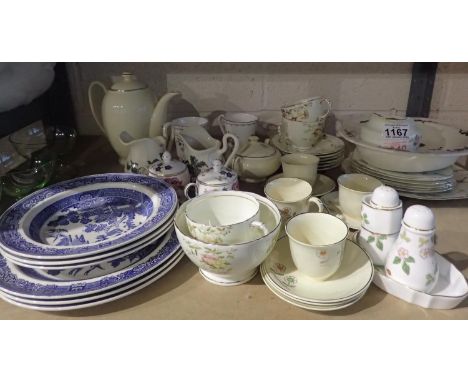 Shelf lot of mixed ceramics and coloured glass dishes. Not available for in-house P&amp;P, contact Paul O'Hea at Mailboxes on