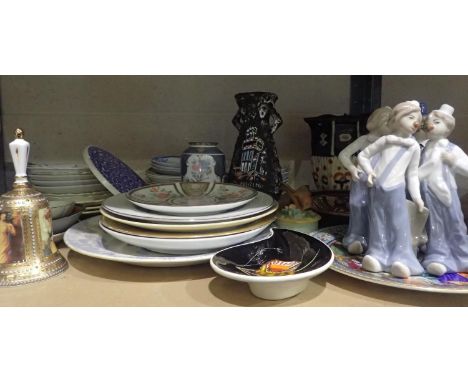 Shelf of mixed ceramics including clown figurines, display bell etc. Not available for in-house P&amp;P, contact Paul O'Hea a