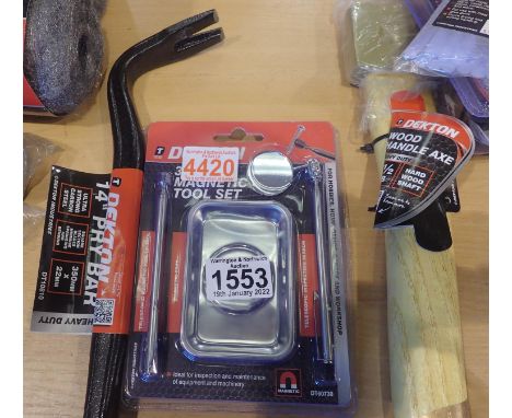 Dekton 1 1/2lbs wood handle axe, a 14 inch pry bar and a three piece magnetic tool set. P&amp;P Group 2 (£18+VAT for the firs
