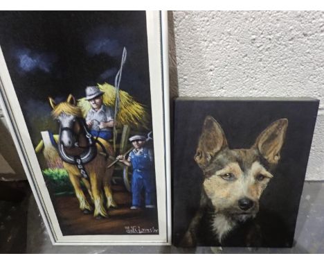 Three framed mixed paintings to include a large portrait of a young lady. Not available for in-house P&amp;P, contact Paul O'