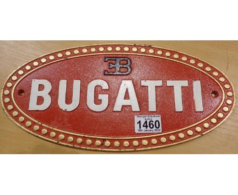 Cast iron Bugatti wall sign, L: 35 cm. P&amp;P Group 2 (£18+VAT for the first lot and £3+VAT for subsequent lots) 