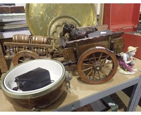 Ceramic shire horse, two wooden carts, vintage style car toy, wood and brass decorated bowl, ceramics and a cased camera. Not