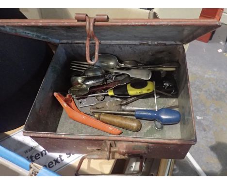 Metal toolbox containing tools and flatware. Not available for in-house P&amp;P, contact Paul O'Hea at Mailboxes on 01925 659