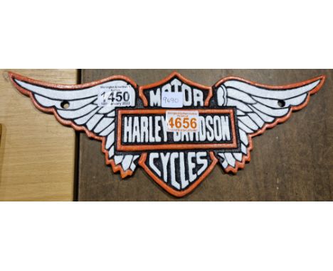 Cast Iron Harley Davidson motor cycle sign, 38 x 14 cm. Not available for in-house P&amp;P, contact Paul O'Hea at Mailboxes o