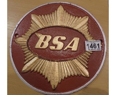 Cast iron red BSA wall sign, D: 24 cm. P&amp;P Group 2 (£18+VAT for the first lot and £3+VAT for subsequent lots) 