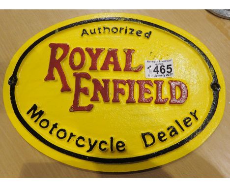 Cast iron Royal Enfield motorcycle dealer shop wall sign, L: 29 cm. P&amp;P Group 2 (£18+VAT for the first lot and £3+VAT for