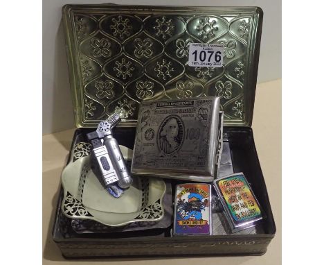 Lidded box containing lighters, cigarette case and an ashtray. P&amp;P Group 1 (£14+VAT for the first lot and £1+VAT for subs
