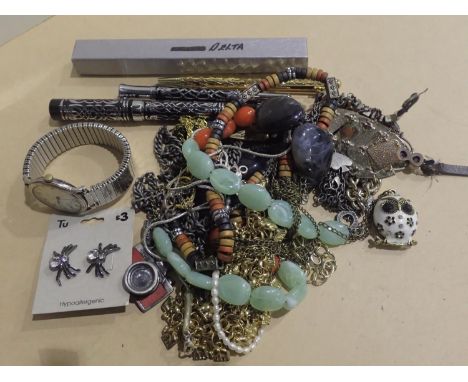 Box of costume jewellery, watche and pens. P&amp;P Group 1 (£14+VAT for the first lot and £1+VAT for subsequent lots) 