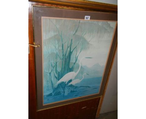 A framed and glazed signed Chinese print of cranes.