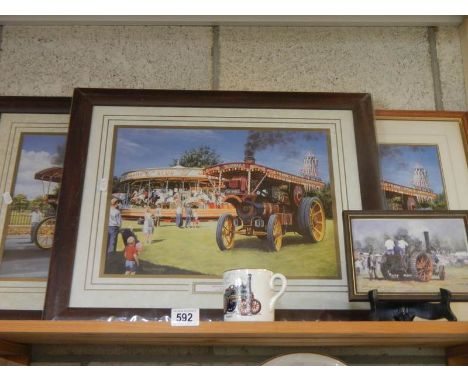 Four steam/traction engine prints and a mug.