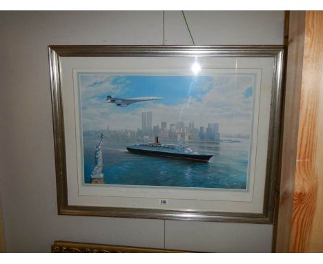 A framed and glazed print entitled 'Cunard Salute to the Queen' with Concorde flying above.