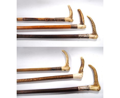 Six horn-handled riding crops of various designs.&nbsp; &nbsp;(6)&nbsp; CONDITION REPORT:&nbsp;One has silver collar JS &amp;