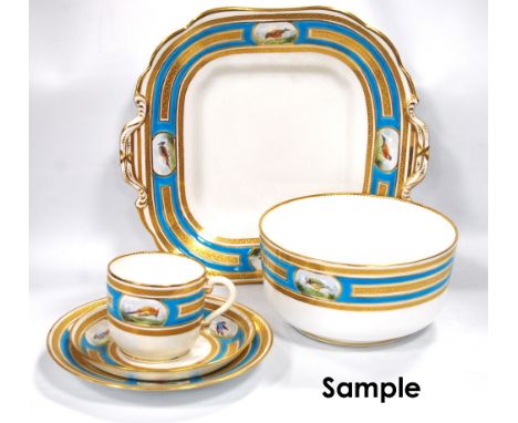 Minton part tea set with gilt and turquoise decoration with hand painted avian plaques, pattern no. 5269, comprising: twelve 