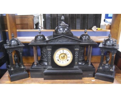 Large Victorian Palladian slate mantel clock and garniture by Ansonia Clock Co., New York, 51cm wide and 47cm high.&nbsp; &nb