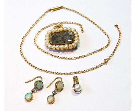 Victorian gold mourning pendant, a necklet, a pair of opal drop earrings and a pendant.&nbsp; &nbsp;(5) 