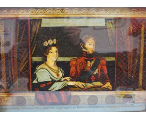 Mid-Victorian print on glass depicting Princess Charlotte and Prince Leopold in Their Royal Highnesses Box at the Opera House