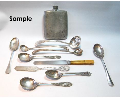 Pewter spirits flask and a quantity of flatware and cutlery. 