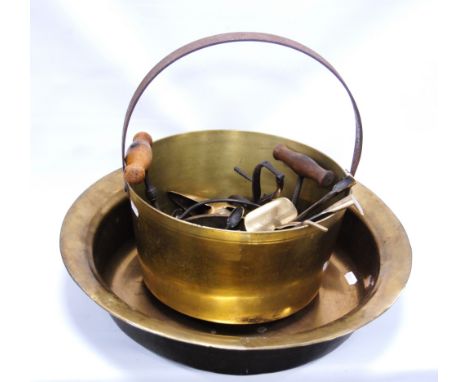 Assorted brass tools, jelly pan and a bowl. 