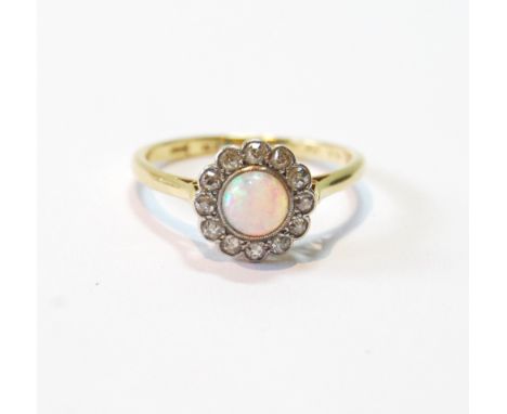 Opal and diamond cluster ring, millegrain-set, in gold, '18ct', c. 1930, size R. 