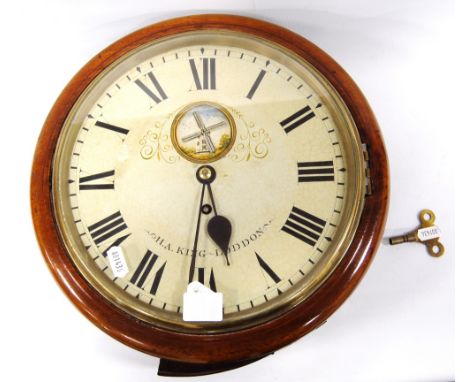 19th century fusee wall clock by H.A. King Loddon, with mahogany frame and circular face with Roman numerals, 31cm high.&nbsp