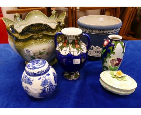 A mixed collection of items to include : large Adams jasper ware planter, later Blakeney branded similar item together with B