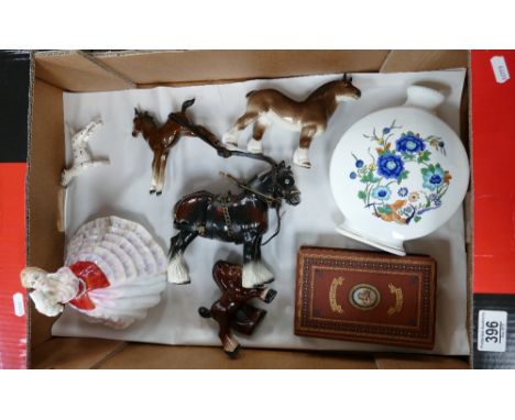 A collection of pottery items: including Coalport flask, Royal Doulton figure Susan (seconds), Beswick foal and dog, old Long