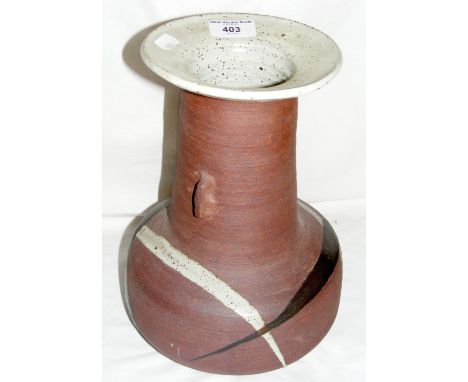 JANET LEACH - stoneware bottle vase of bulbous form, having two lug handles and having matt dark brown glaze - impressed JL a