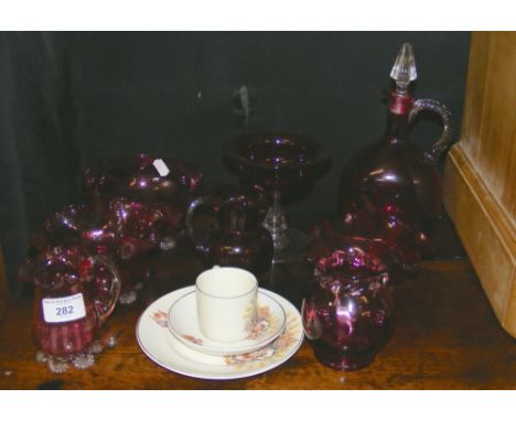 Selection of cranberry glassware, including decanter with stopper, etc.