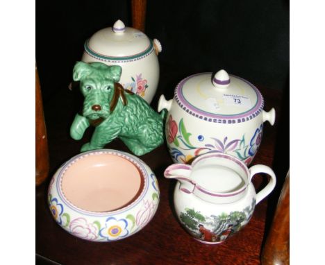 Poole Pottery biscuit barrel, Sylvac dog, etc.