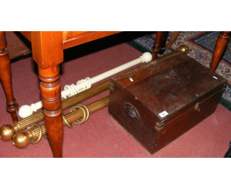 Antique chest containing selection of tools, together with decorative curtain poles