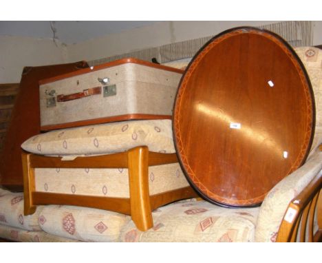 Antique oval serving tray, together with two vintage suitcases
