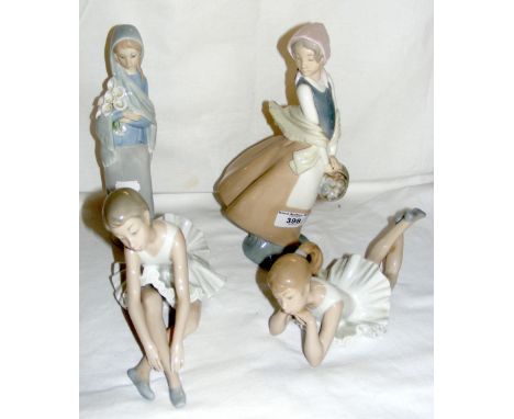 A Lladro figure of demure lady, together with three Nao figures