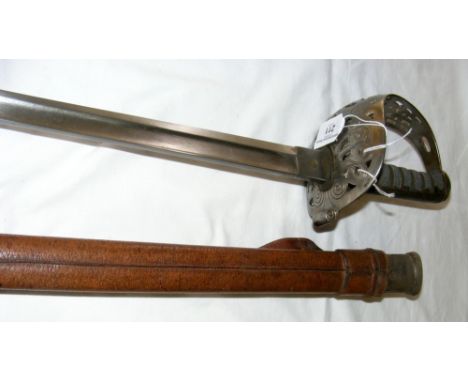 Antique Officer's sword with leather clad scabbard, having pierced hand guard - 110cm long