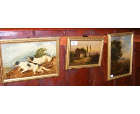 Oil on board of hunting dogs, together with two others