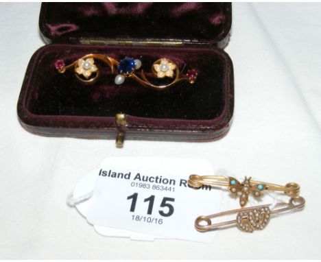 Gold brooches, sapphire, ruby and seed pearl brooch