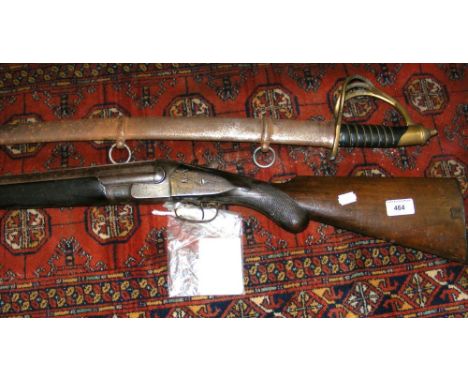 An old shotgun with De-Activation Certificate, together with a sword in metal scabbard