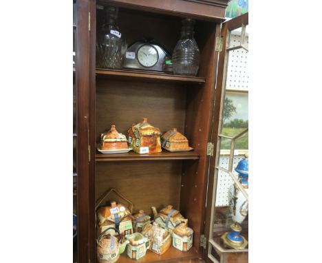 A MISCELLEANOUS COLLECTION, to include mahogany mantle clock, two cut glass decanters with stoppers, a collection of nine pai