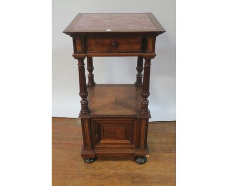 AN EARLY 20TH CENTURY ROSEWOOD AND MARQUETRY VENEERED SIDE TABLE the rectangular top with sunken rouge marble panel, the quar